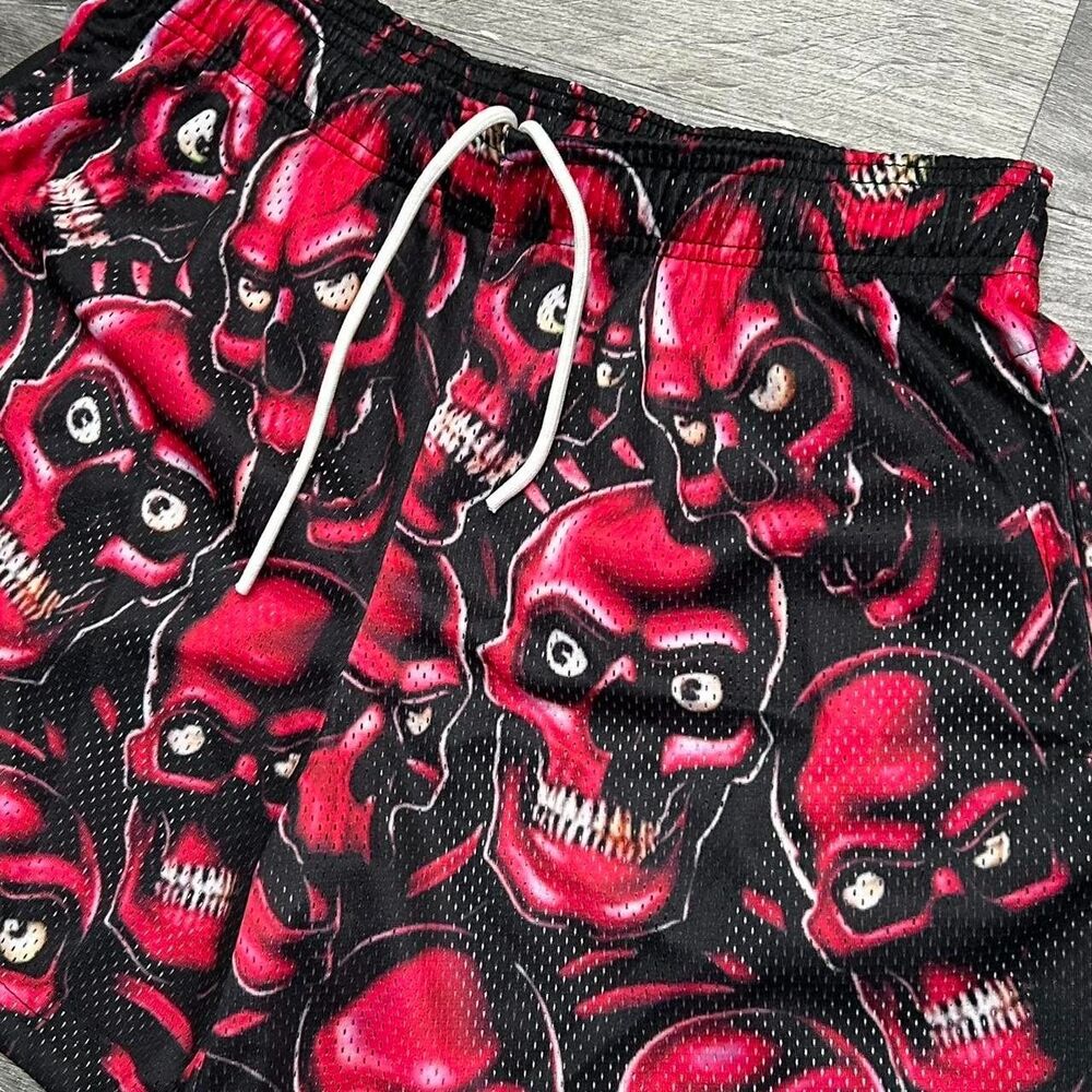 Bravest Studios Red Skully Shorts Mesh Streetwear Skull Graphic Y2K Goth NWT M - Picture 2 of 8
